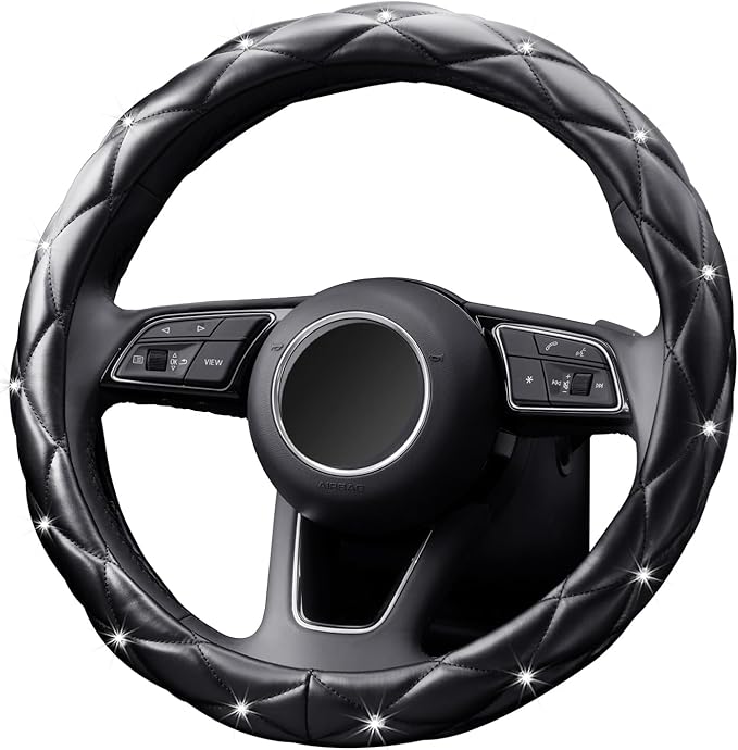 YOGURTCK Diamond Soft Leather Anti-Slip Steering Wheel Cover with Bling Bling Crystal Rhinestones, Universal 15 Inch for Wome