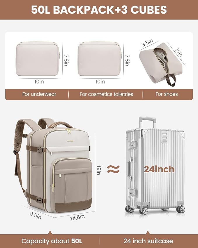LOVEVOOK 50L Travel Backpack for Women & Men - 18 Inch Carry On Backpack & Personal Item Backpack for Airlines, Spacious and 