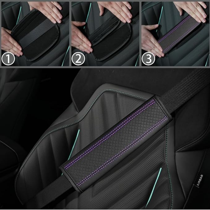 NBTEPEM 6 PCS Car Steering Wheel Cover Set, Microfiber Leather Steering Wheel Covers Universal 14.5-15 inch, Center Console Cover, Seat Belt Cushion, Cup Holder Coaster, Car Accessories Set Purple