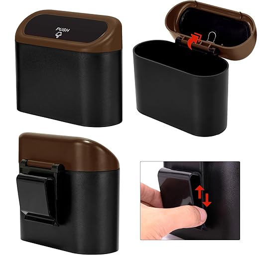 Ginsco 2 Pack Mini Car Trash Can with Lid, Small Car Garbage Can, Cute Leakproof ABS Car Trash Bin, Car Accessories for Interior, Garbage Bin for Car, Home, Office with 120pcs Trash Bags Black/Brown