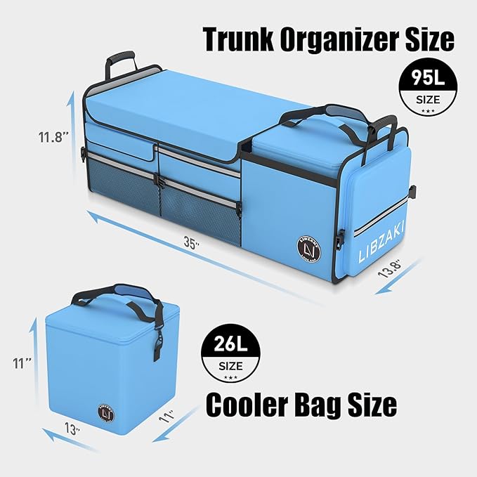 LIBZAKI Oversize 4 in 1 Car Trunk Storage Organizer, Multi Compartment Collapsible Trunk Storage Box with Cooler Bag for Car