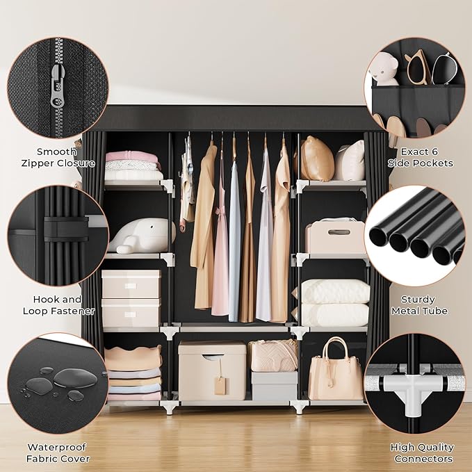 VTRIN Portable Closet Wardrobe for Hanging Clothes 57.3 Inch Large Capacity Clothes Rack with Cover, 10 Storage Organizer She