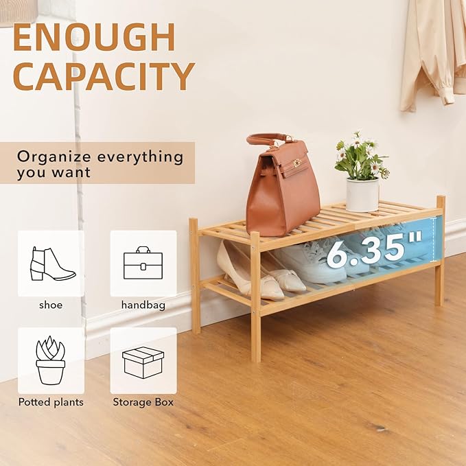 2 Tier Bamboo Shoe Rack Storage Organizer for Closet, Multifunctional Stackable Free Standing Shoe Shelf Organizer for Small 