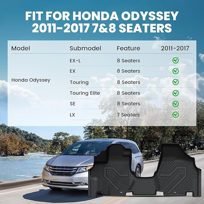 LASFIT Floor Mats for Honda Odyssey 2011-2017 (Fit 7& 8 Seaters) Mini Passenger Van, All Weather Custom Fit TPE Car Floor Liners, 1st & 2nd & 3rd Row, Black (EX-L/EX/Touring/Touring Elite/SE/LX)