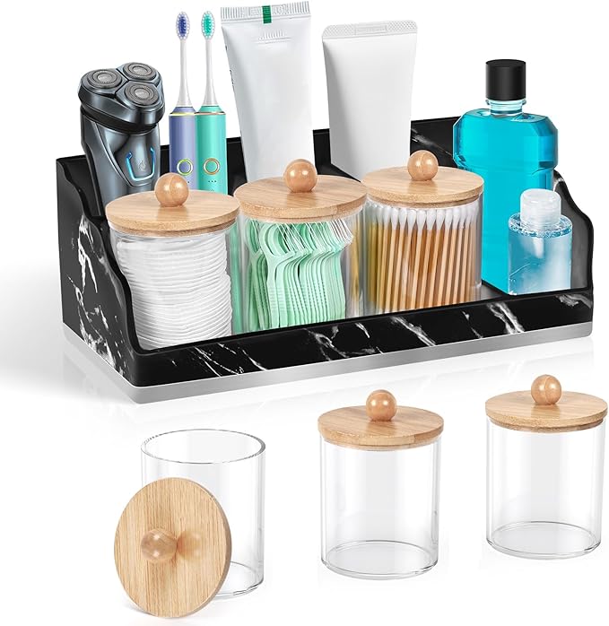 TuCao Marble Bathroom Countertop Organizer, Toothbrush Holders for Bathroom with 3PCS Qtip Holder Dispenser and Toothpaste Ho