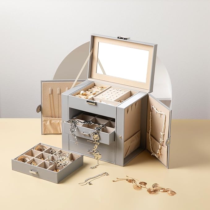 Frebeauty 5-layer Jewelry Box,Faux Leather Jewelry Organizer with 4 Drawers,Jewelry Organizers and Storage with Mirror,Jewelr