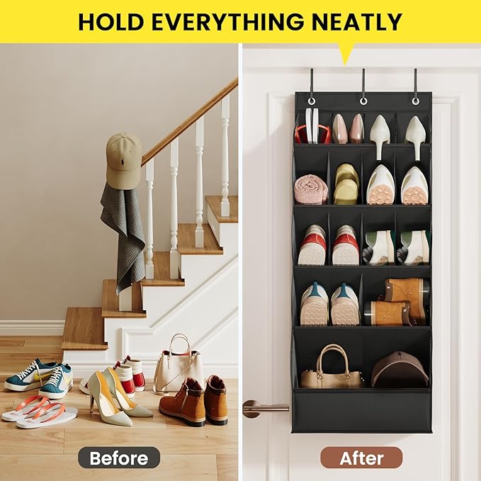 15 Pockets Over the Door Shoe Organizer, Shoe Rack for Closet Door with Large Breathable Pockets, Hanging Shoes Rack for Boot