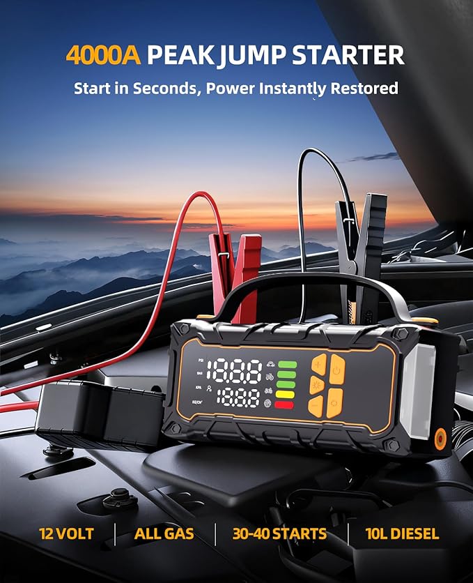 Battery Jumper Starter Portable, Jump Starter with Air Compressor-4000A 12V (7.0L Gas/ 6.0L Diesel) with 160PSI Tire