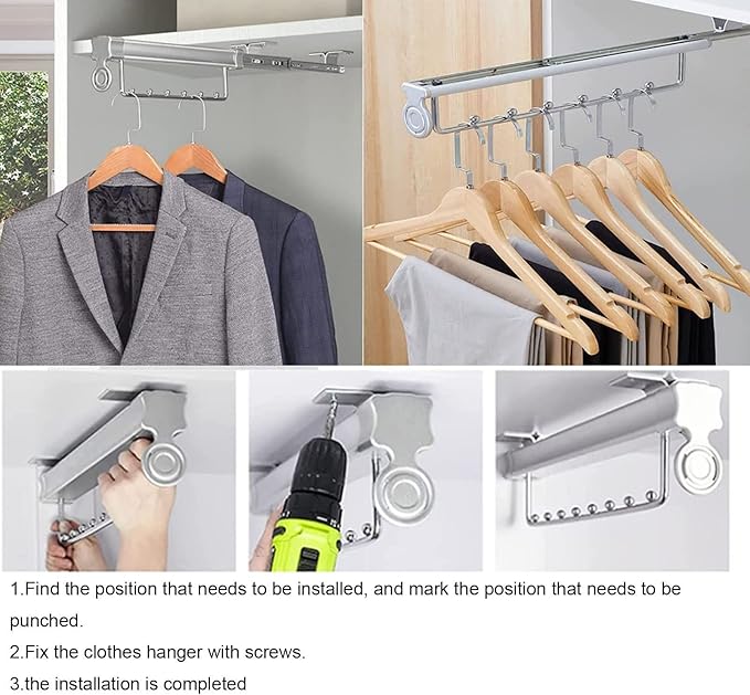 Pull Out Clothes Rail Extendable Pull Out Closet Rod - Wardrobe Pull-Out Trousers Rack, Pull Out Pants Rack Adjustable Closet