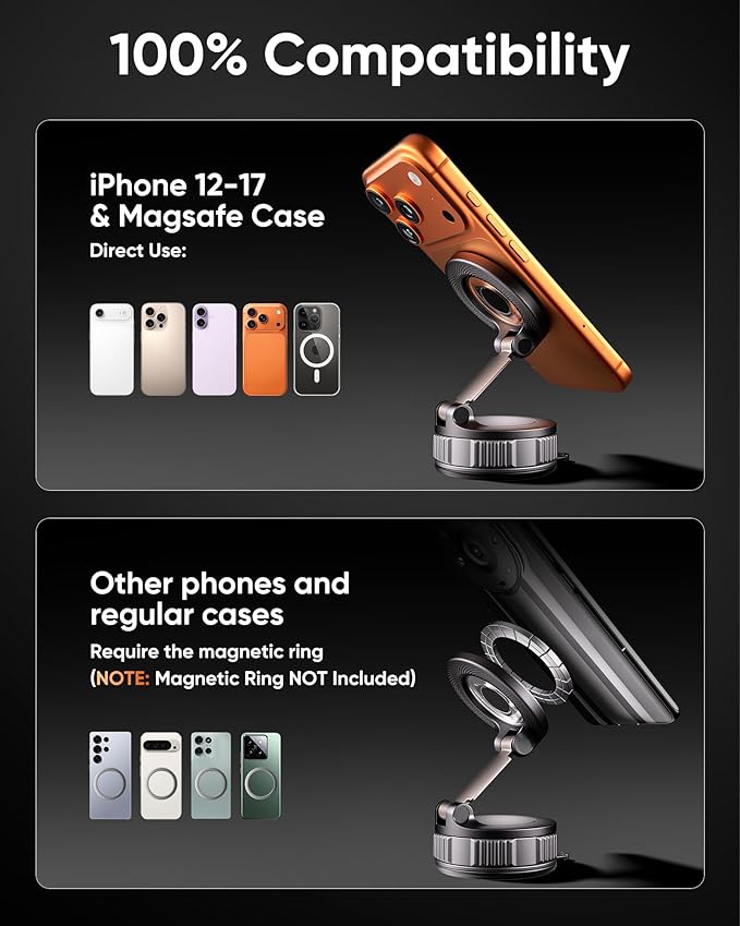 Vacuum Magsafe Car Phone Holder [120+ LB Strongest Suction & 3000gf Strongest Magnetic] 360° Adjustable Magnetic Car Phone Mount, Phone Holders for Your Car for iPhone 17 Pro Max 16 15 14 13 12 Plus