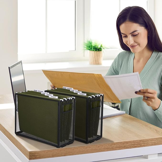 2 Pack Hanging File Holder, 10 Hanging Folders, Metal Mesh, Letter Size Folder Storage, Desktop Storage Cabinets, Office Scho