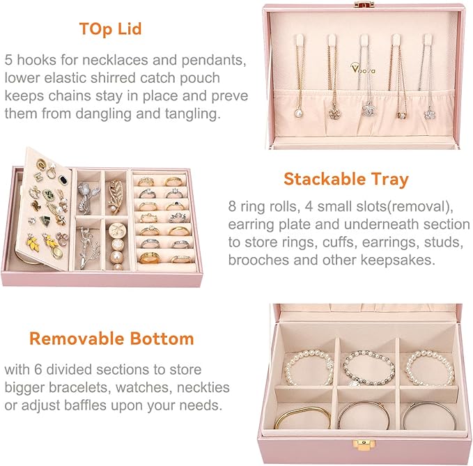 Voova Jewelry Box Organizer for Women Girls, 2 Layer Large Men Jewelry Storage Case, PU Leather Display Jewellery Holder with