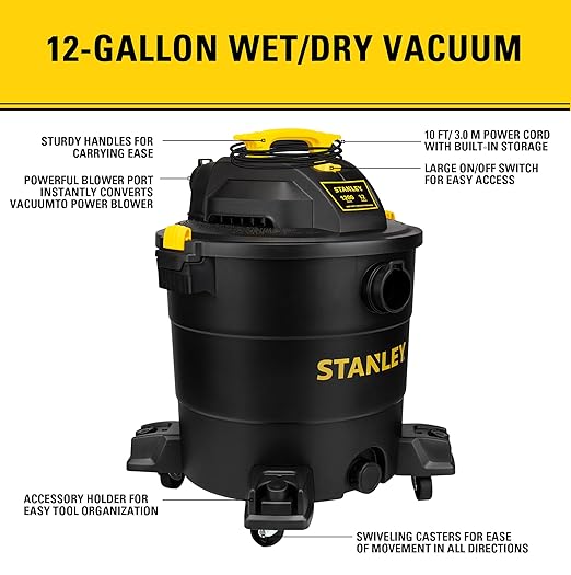 STANLEY 12 Gallon 5.5 Peak HP Wet/Dry Vacuum, 3 in 1 Shop Vacuum Blower,1-7/8"x6 Hose, Range for Garage, Carpet Clean, Worksh