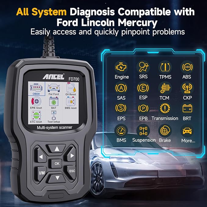 ANCEL FD700 Ford Lincoln Mercury OBD2 Scanner, Full System Automotive Car Code Reader with All Functions, Including Battery