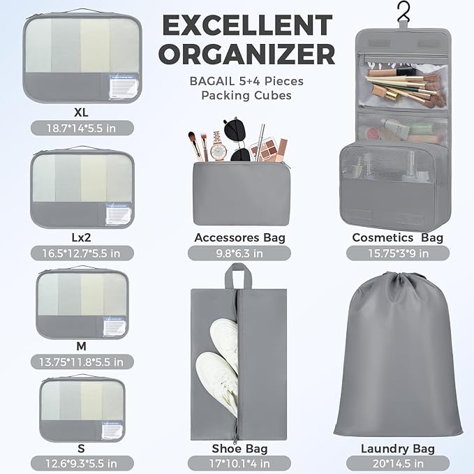 BAGAIL 9 Set Packing Cubes with Packing List Luggage Packing Organizers for Travel Accessories (Pewter Color)