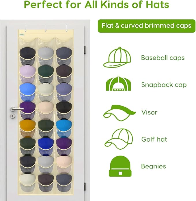 Unjumbly Baseball Hat Rack, 27 Pocket Over-The-Door Hat Organizer with Clear Deep Pockets to Display Baseball Caps Collection
