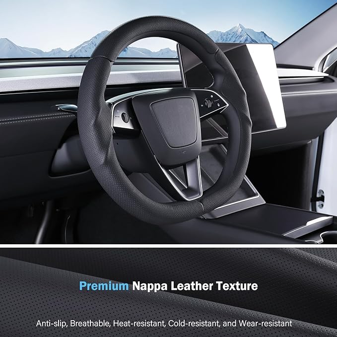 Steering Wheel Cover for Tesla Model 3 Highland(2024-Present)/ Model Y Juniper(2025-Present),Anti-Slip,Comfortable Grip,Breathable,Customized for Tesla Model 3/Y Accessories,Nappa Black