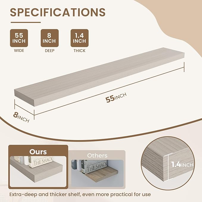 Dreamland 55 Inches Floating Shelves for Wall, 8" Deep Long Floating Shelves Set of 1, Large Display & Storage Shelf, Wall Sh