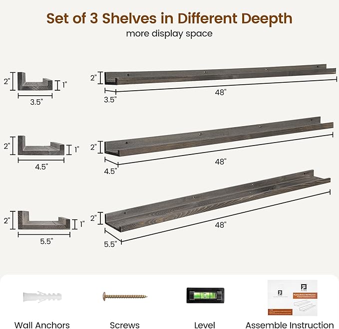 Picture Ledge Wall Shelves 48 Inches Width Set of 3, Solid Pine Wood Rustic Floating Ledge for Kids' Room Bedroom Kitchen Bat