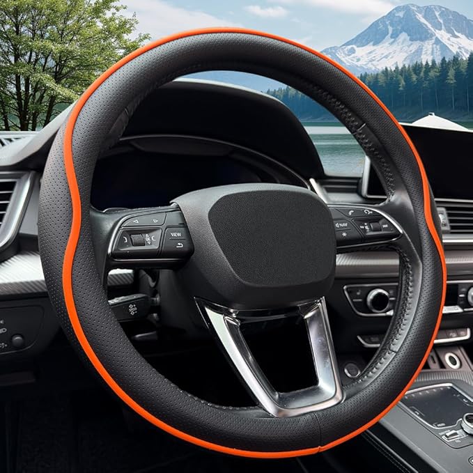 HAOTULE Leather Steering Wheel Cover， with Anti-Slip Stripe Design - Enhanced Grip, Fashion Style, Safe, Non-Slip, Breathable