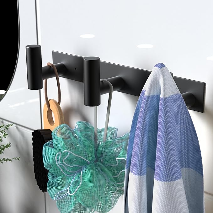 VAEHOLD Black Hat and Coat Wall Mount Rack - 3 Hooks for Robes, Bags, Keys, and Towels - Bathroom Towel Hanger Organizer (1 P