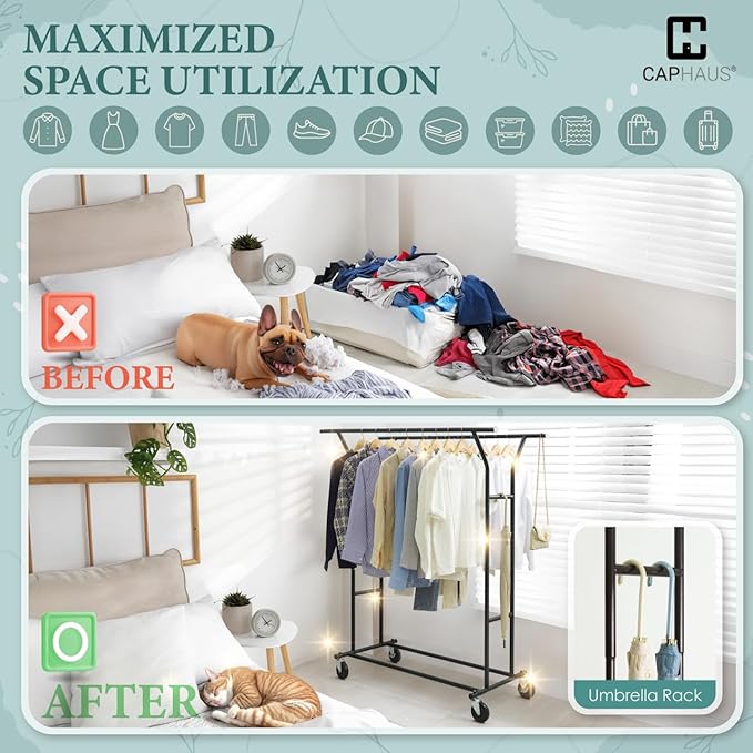 CAPHAUS Heavy Duty Clothes Rack with Double Rods, 440LBS Capacity Rolling Clothing Rack for Hanging Clothes, Adjustable Metal