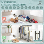 CAPHAUS Heavy Duty Clothes Rack with Double Rods, 440LBS Capacity Rolling Clothing Rack for Hanging Clothes, Adjustable Metal
