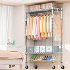M MZG Heavy Duty Rolling Garment Rack 3 Tiers Adjustable Wire Shelving Clothes Rack with Rods and Side Hooks,Storage Closet C