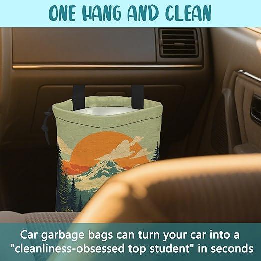 Car Garbage Bag Retro Orange Sun Mountain Hanging Canvas Car Trash Bag Drawstring Car Back Seat Organizer for Car Back Front Seat Console with Adjustable Buckle
