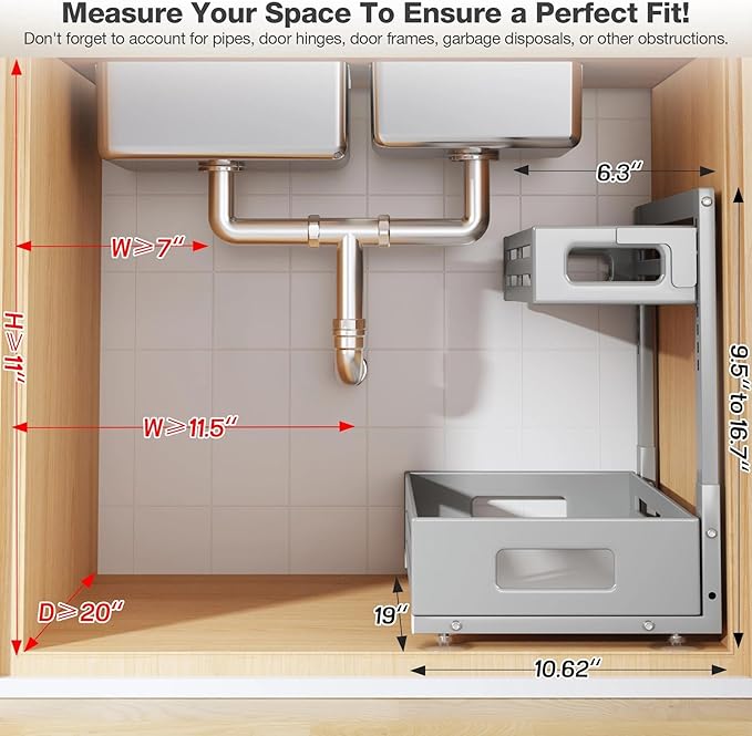 2 Pack 19IN-Depth Under Sink Organizer,Pull Out Cabinet Organizer With Smooth Cylindrical Rail,Metal Slide Out Drawer for Kit