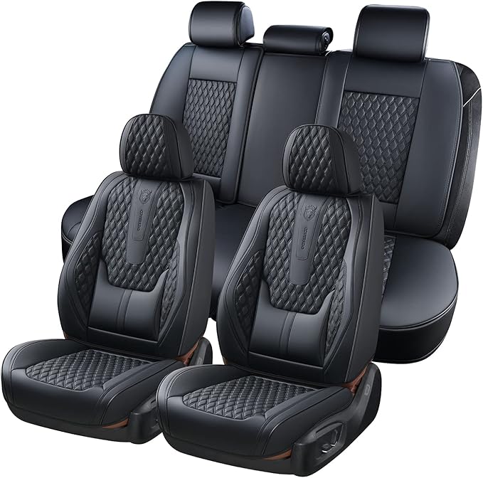 Coverado Car Seat Covers Full Set, Black Seat Covers for Car with Lumbar Support, Nappa Leather Seat Covers Waterproof Car Se