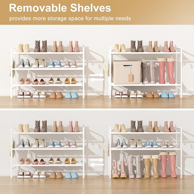VILICK 3 Tier Shoe Rack 33" Wide Metal Shoe Organizer Long Shoe Storage with 4 Side Hooks Sturdy Shoes Shelf for Front Door E