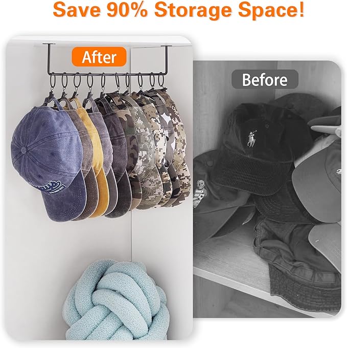 Hat Rack Wall Cap Organizer - Baseball Hat Racks Display Holder with 40 Hooks - Modern Metal Black Hats Storage Wall Mounted 