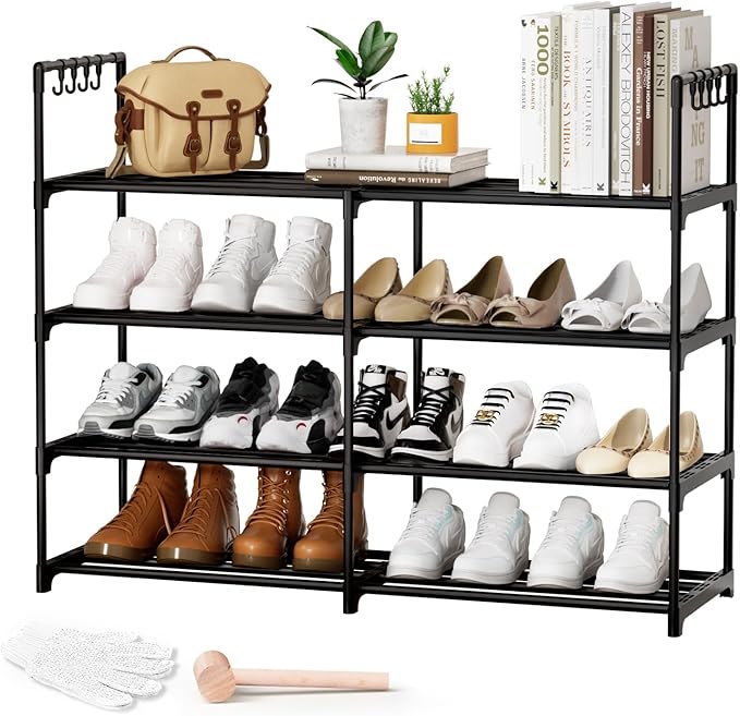 2 Rows 4 Tier Shoe Rack, Black Metal Stackable Shoe Shelf with Multifunctional Hooks, Hold 16-20 Pairs, Space Saving Shoe Org