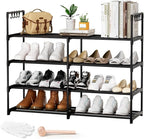 2 Rows 4 Tier Shoe Rack, Black Metal Stackable Shoe Shelf with Multifunctional Hooks, Hold 16-20 Pairs, Space Saving Shoe Org