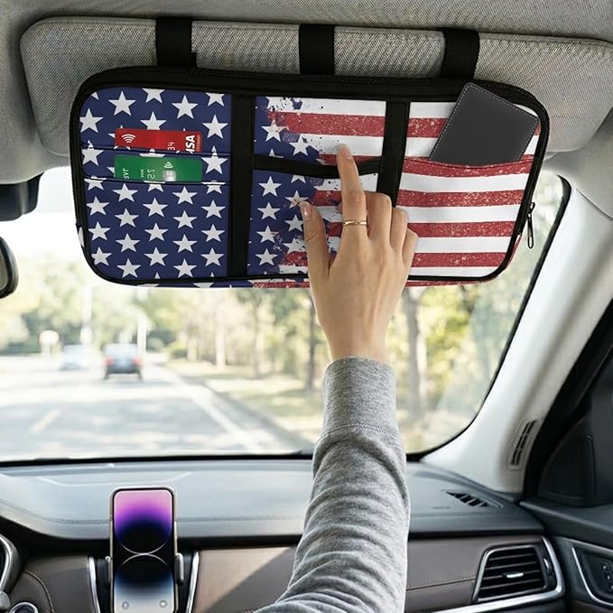American Flag Car Sun Visor Organizer,Multi-Pocket Visor Organizer Storage Pouch with Double Zippers Document Holder for Insurance, Pen, Chapstick