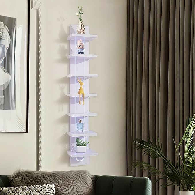 7 Tier Wall Shelf Unit with Light-Small Floating Shelves for Home Decor, Modern Unique Asymmetric Design for Bedroom & Living