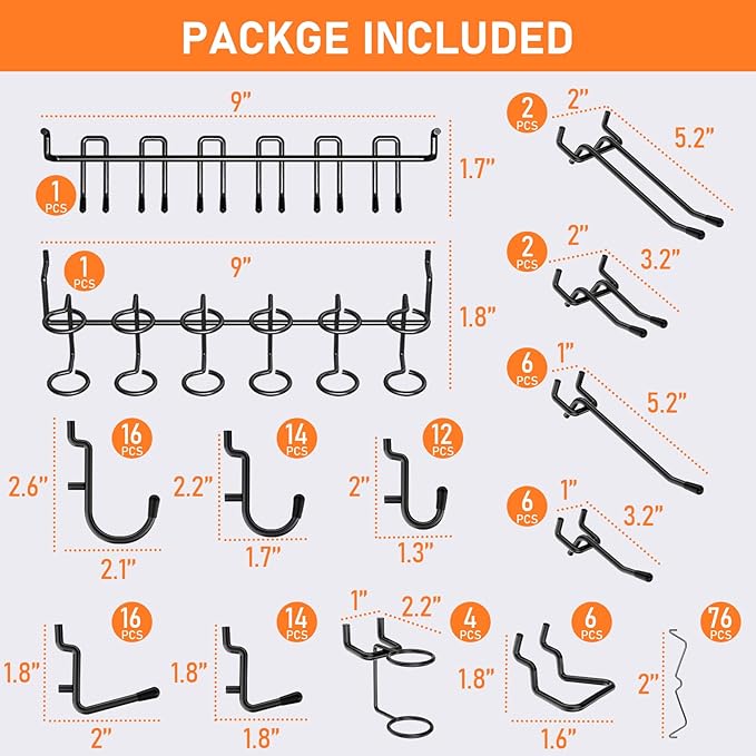 INCLY 176PCS Extra Thick Pegboard Hooks, 1/4" Heavy Duty Black Metal Peg Board Hooks Assortment with Peg Locks Pegboard Acces