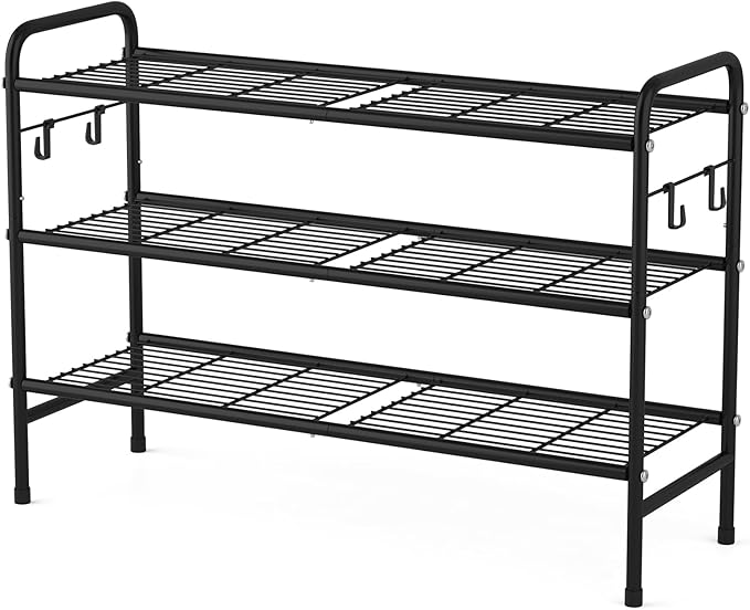 VILICK 3 Tier Shoe Rack 33" Wide Metal Shoe Organizer Long Shoe Storage with 4 Side Hooks Sturdy Shoes Shelf for Front Door E