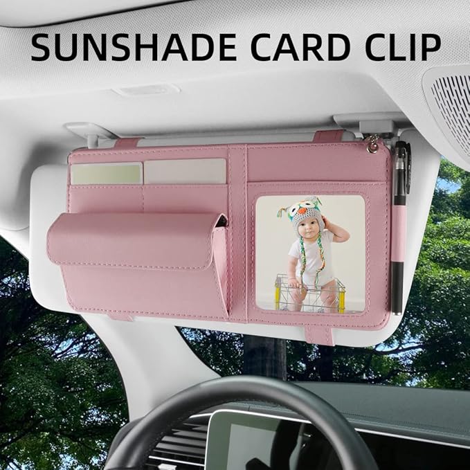 Visor Document Holder for Truck, Car Sun Visor Organizer, Visor Storage Pouch Holder with Sunglasses Clip, Picture Frame, Essential Visor Accessories for Driver Auto Owners Pink