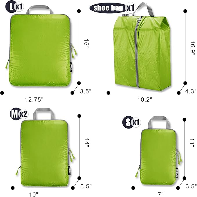 BAGAIL 5 Set Ultralight Compression Packing Cubes Travel Accessories Expandable Packing Organizers(Green)