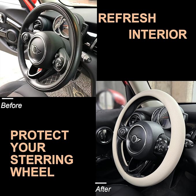 PINCTROT Nappa Leather Steering Wheel Cover, Slim Fit No Bulk Design, One Piece Leather with Breathable Perforation, Fit Like