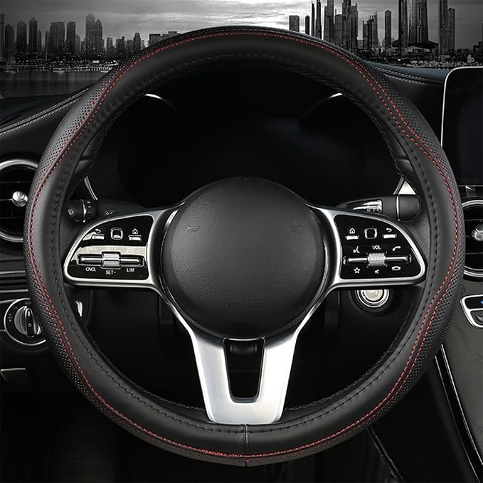 Genuine Leather Steering Wheel Cover, Black Real Cowhide for 14.5-15 Inch Steering Wheels, Universal Fit for Cars and Trucks (BlackRed)