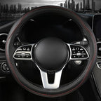 Genuine Leather Steering Wheel Cover, Black Real Cowhide for 14.5-15 Inch Steering Wheels, Universal Fit for Cars and Trucks (BlackRed)