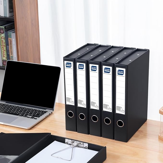 Storage File Boxes A4, 6 Pack Foldable File Box with Clip, 50mm Spine, Plastic Archives Cases with Magnetic Closure, Document