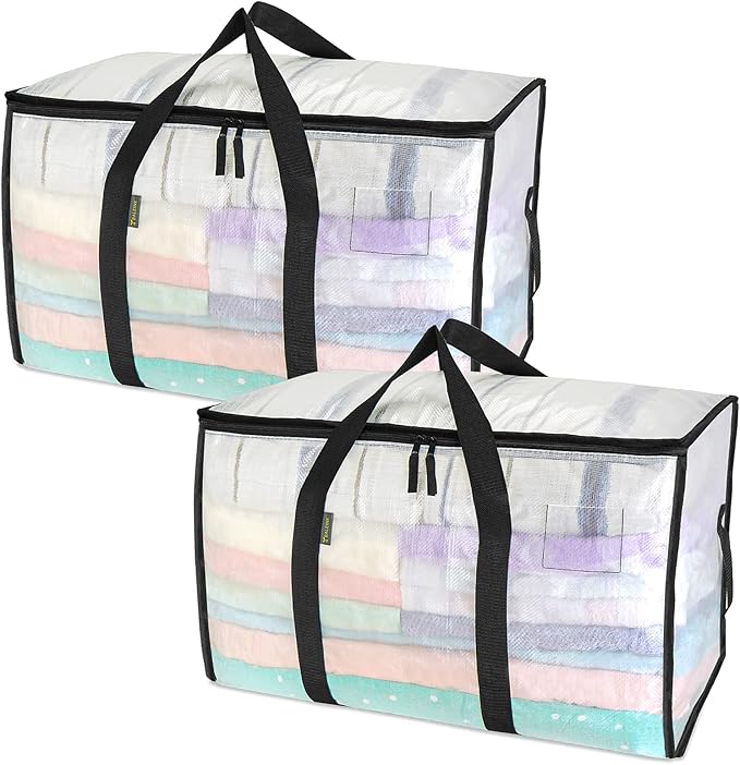BALEINE 2-Pack Oversized Moving Bags with Reinforced Handles, Heavy-Duty Storage Tote for Clothes, Moving Supplies (Clear, 2-