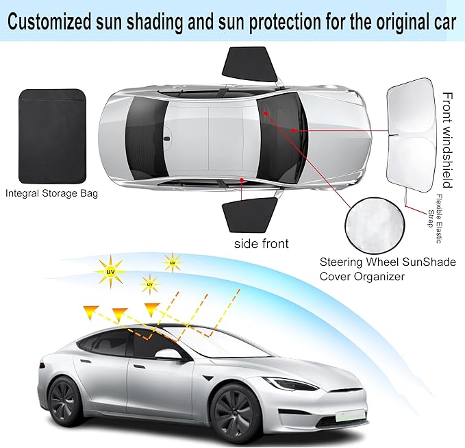 3PCS Car Window Shades Front Windshield Sun Shade Foldable Window Shade Custom Fit for 2012-2024 Tesla Model S Accessories Car Shades for Front Windows Anti-UV Rays Block Heat