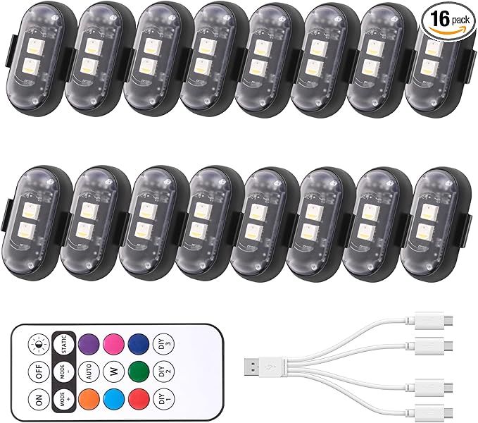 Wireless LED Strobe Light with Remote Control,8 Colors Waterproof Anti-Collision USB Charing Led Warning Lights,High Brightness Wireless LED Lights for Car Drone Truck Motorcycle Aircraft Bike (16)