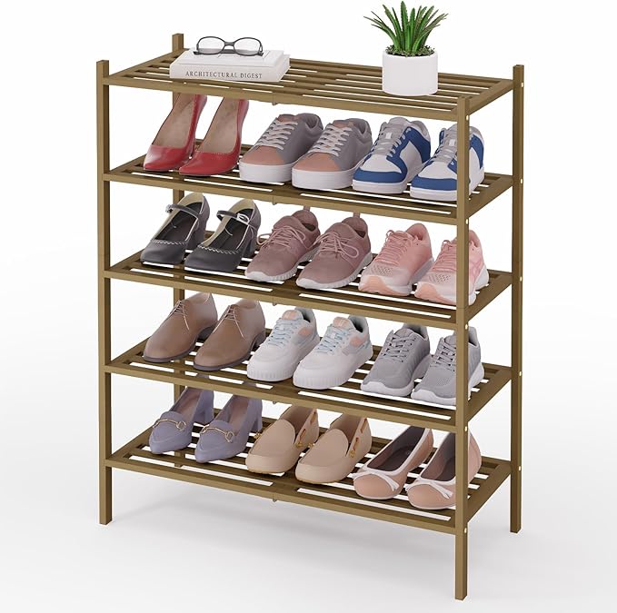 Smiry Bamboo Shoe Rack 5-Tier, Stackable Wooden Shoe Organizer for Entryway & Closet, Free Standing Wood Shoe Storage Shelf f