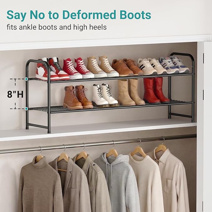 AOODA Long 2 Tier Shoe Rack for Closet Metal Wide Stackable Shoe Storage Organizer for Entryway, Bedroom, Floor, 18-Pairs Low